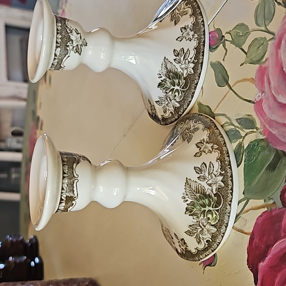 Antique Johnson Brothers small candlesticks. 'Friendly Village'